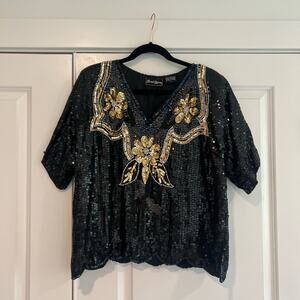Jewel Queen Women's 100%‎ Pure Silk Sequin Top Black Short Sleeve Glam Size L